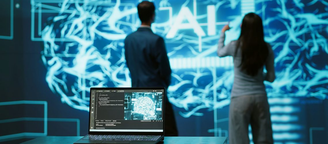 IT professionals using artificial intelligence augmented reality hologram